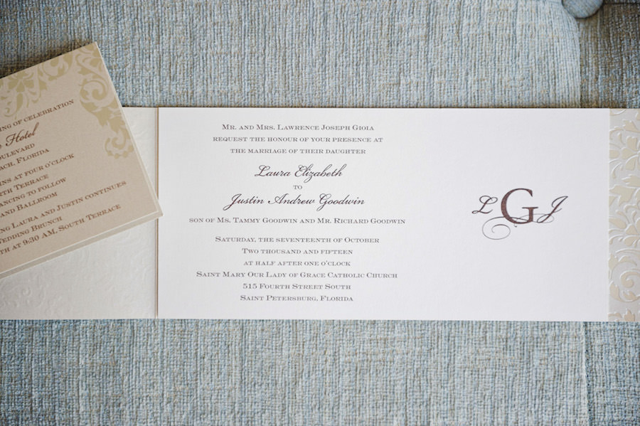 Elegant Ivory Wedding Invitation with Purple Text and Monograph with Gold Enclosures | Tampa Wedding Photographer Marc Edwards Photographs