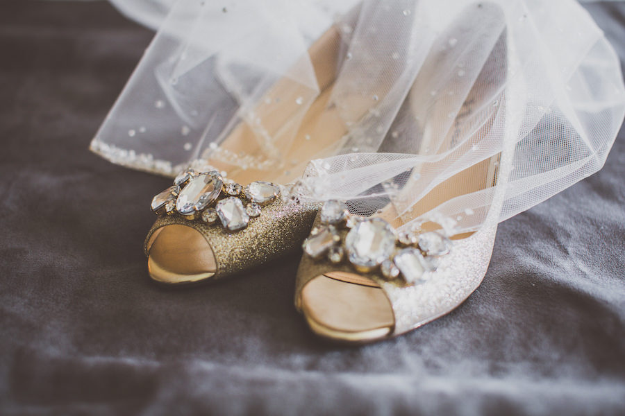 Gold, Glitter Open Toe Wedding Shoes with Crystal, Rhinestone Accents