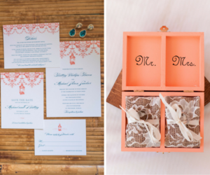 Coral and Blue St. Petersburg Wedding Invitation Stationary and Coral Mr and Mrs Wooden Wedding Band Boxes | St. Petersburg Wedding Photographers Caroline and Evan Photography