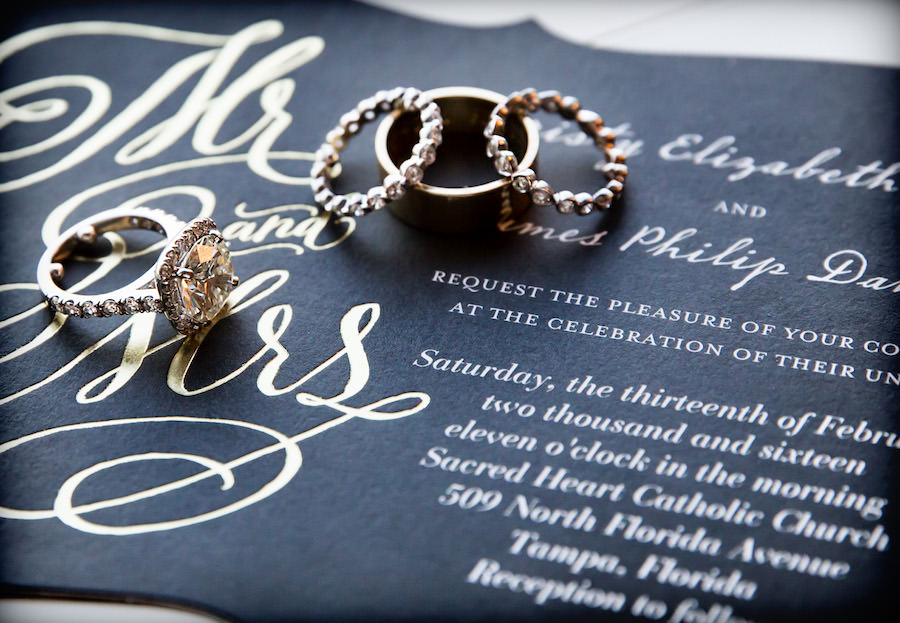 Wedding Bands and Engagement Ring on Black Wedding Stationery Invitation