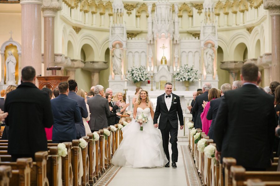 Bride and Groom Walking down the Aisle Portrait | Elegant, Traditional Church Wedding Ceremony | Tampa Wedding Ceremony Venue Sacred Heart Church