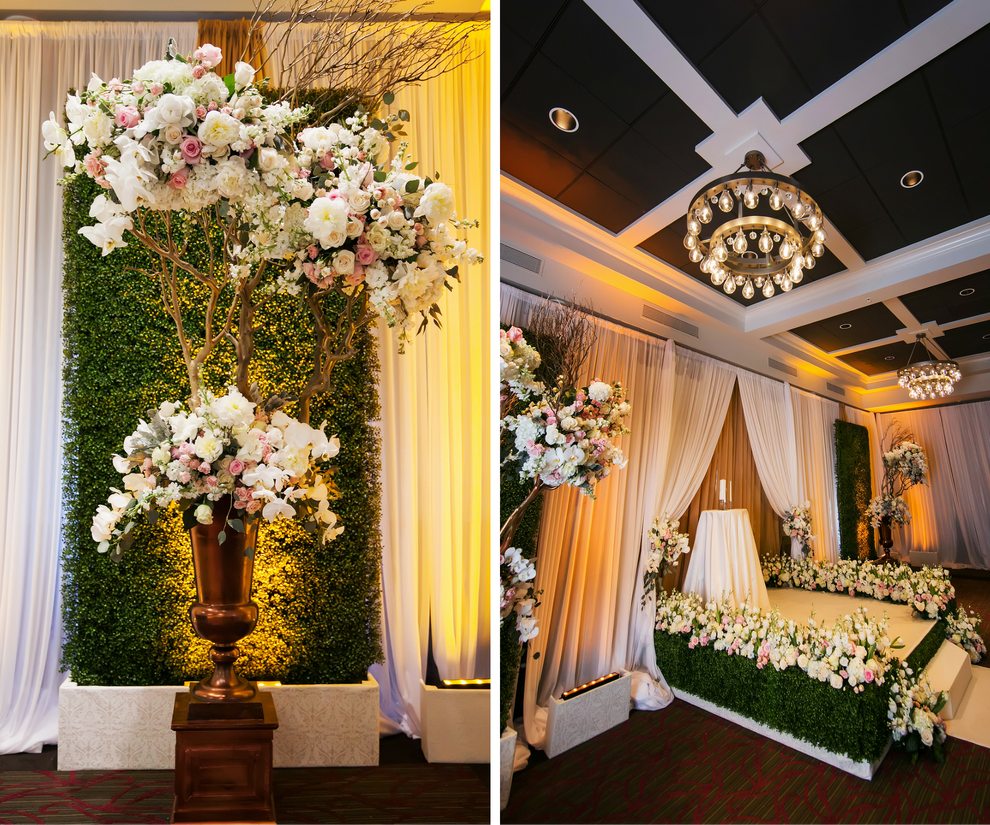 Traditional, Indoor Wedding Ceremony with Large Manzanita Trees, Rose Floral Arrangements and Rose-Lined Altar | St. Petersburg Wedding Photographer Limelight Photography