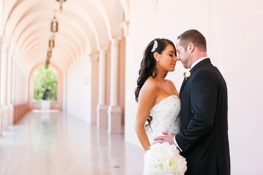 Outdoor, Bride and Groom Wedding Portrait in Black Suit and Ivory, Maggie Sottero Wedding Dress | Sarasota Wedding Photography Limelight Photography