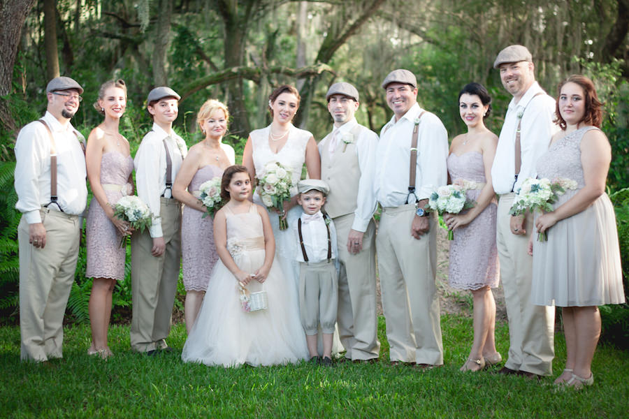 Bride and Groom with Bridal Party in Lilac/Purple David's Bridal Bridesmaids Dresses and Vintage Groomsmen Suspenders and Hat