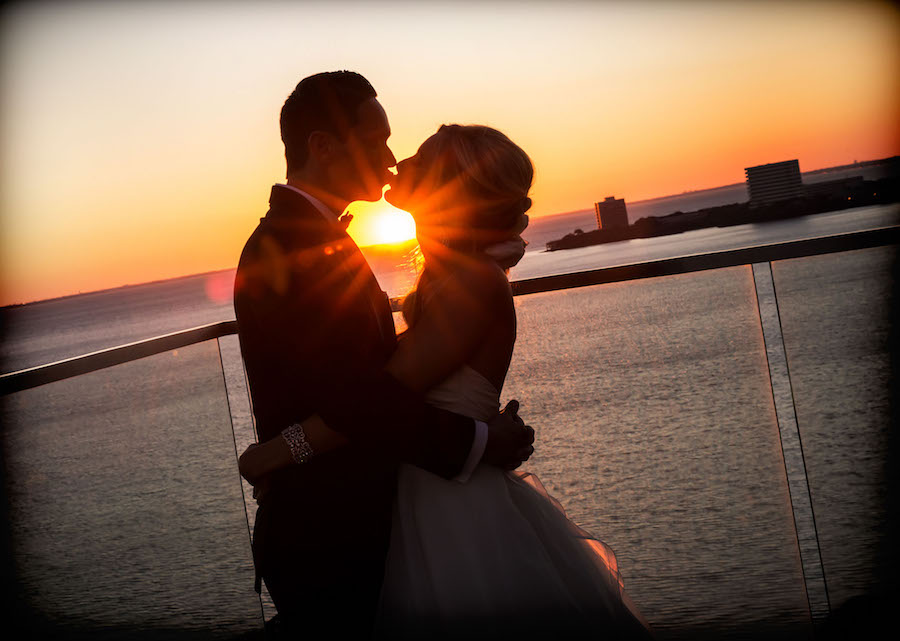 Outdoor, Waterfront Bride and Groom Florida Sunset Wedding Portrait