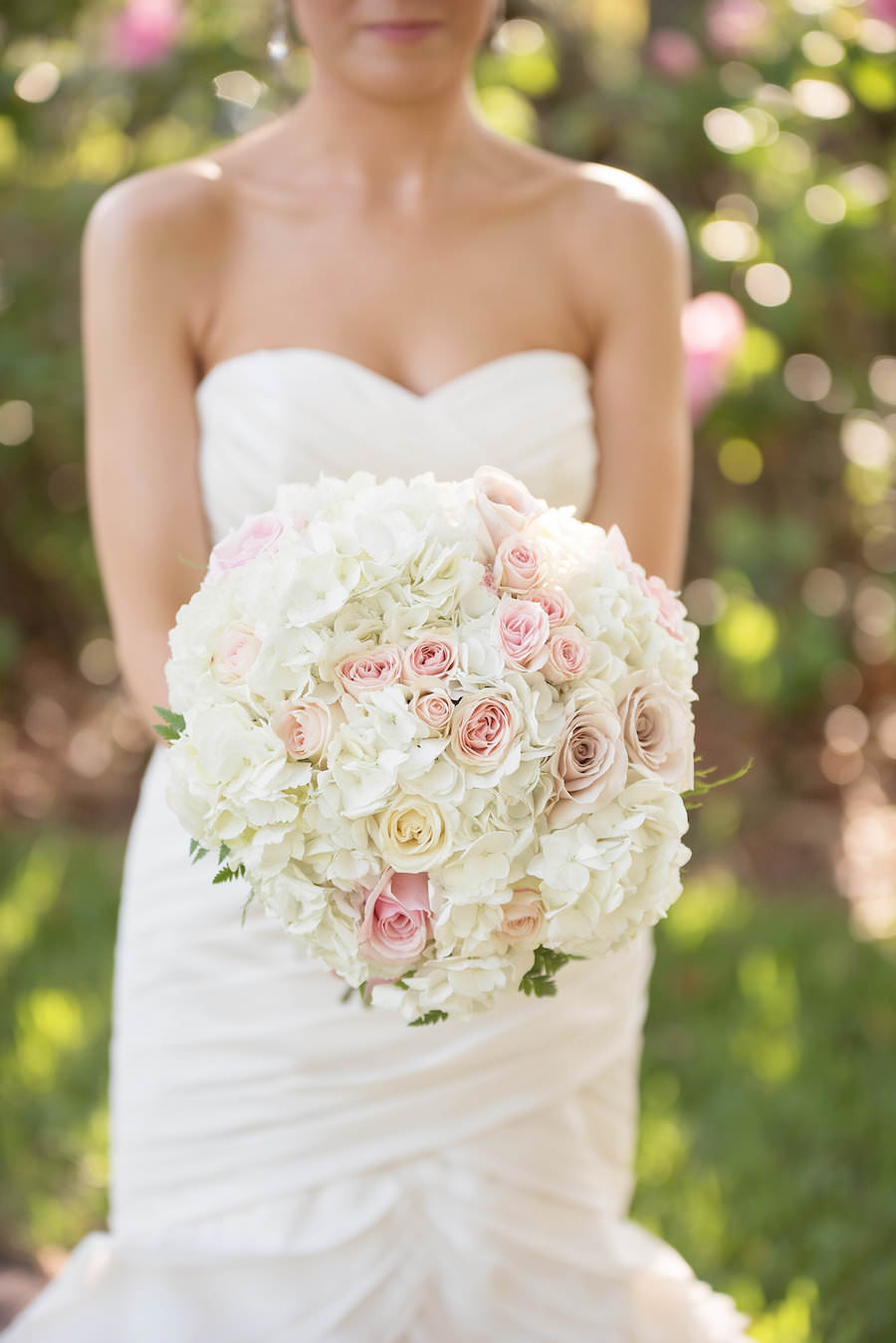 Outdoor, Bridal Wedding Portrait in Strapless Sweetheart Wedding Dress and Pink and Ivory Floral Wedding Bridal Bouquet