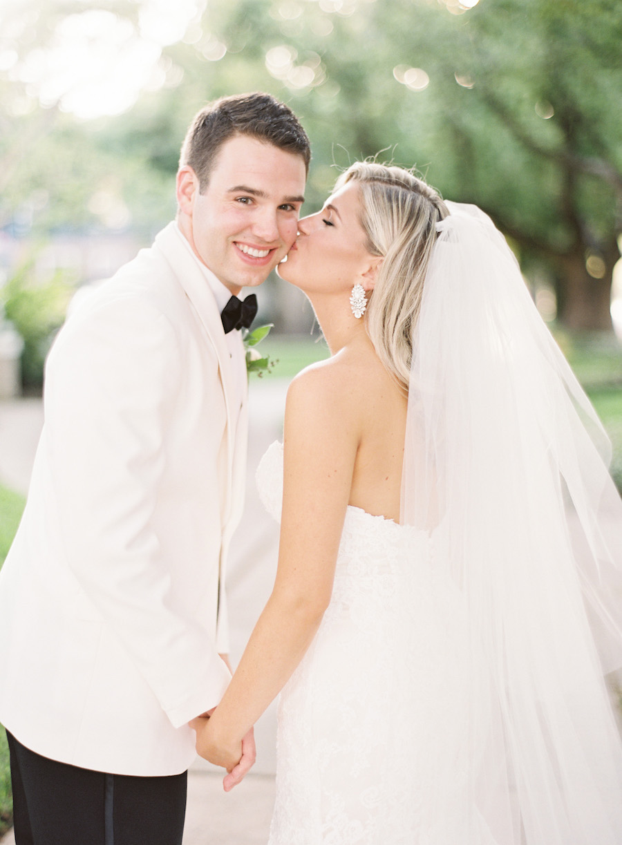 Outdoor, Bride and Groom Tampa Wedding Portrait in White Tuxedo Jacket and Strapless, Lace Matthew Christopher Wedding Dress and Veil