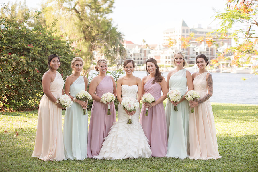 Outdoor, Bride and Bridesmaids Wedding Portrait is Pastel Peach, Seafoam and Pink Alfred Angelo Bridesmaids Dresses and Ivory Bouquets | Tampa Wedding Photographer Kristen Marie Photography