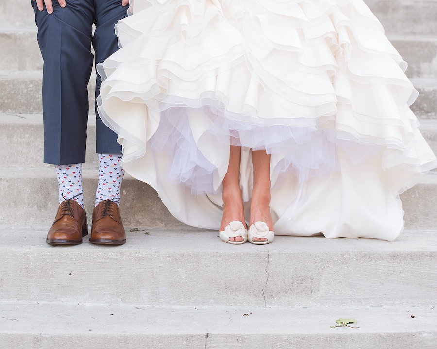 Bride and Groom Wedding Portrait in Heart Groom Socks and Ivory Wedding Shoes | Tampa Wedding Photographer Kristen Marie Photography