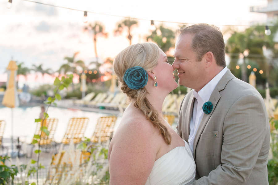 Waterfront, Outdoor Bride and Groom Wedding Portrait on St. Petersburg Beach | St. Petersburg Wedding Photographers Caroline and Evan Photography