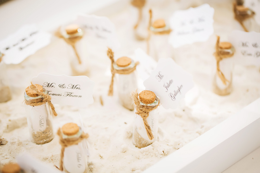 Wedding Reception Guest Table Numbers in Bottled Sand | Beach Seating Chart Ideas and Inspiration