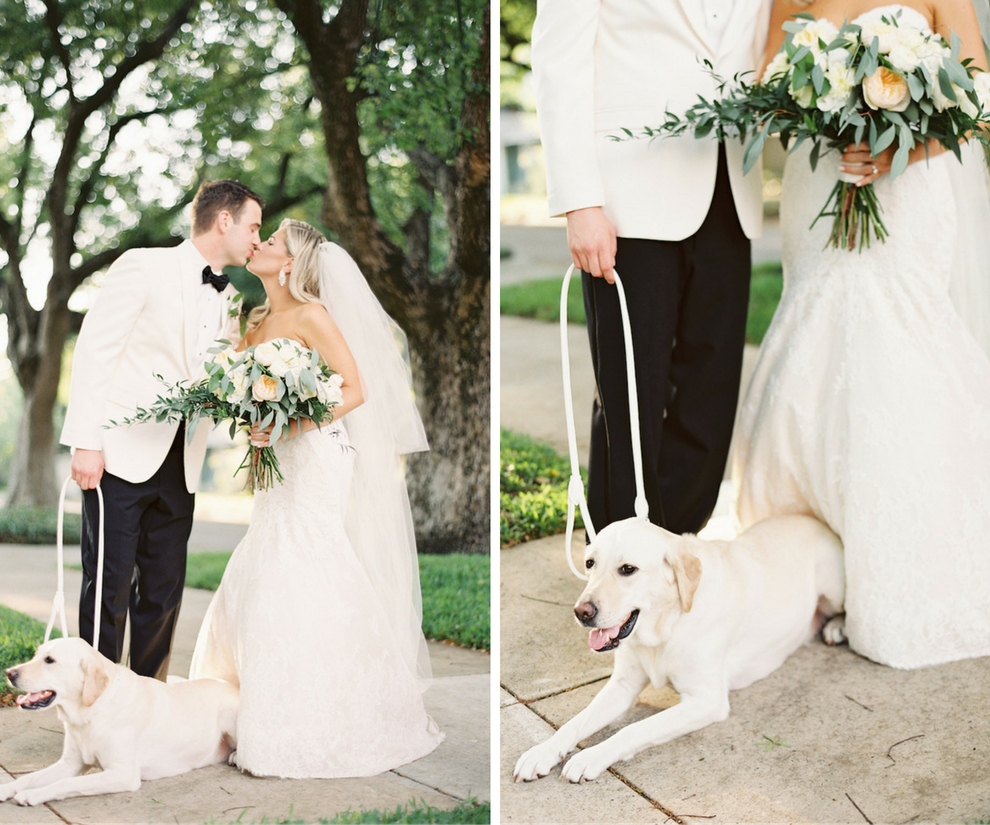 Outdoor, Tampa Wedding Portrait of Bride and Groom with Labrador Dog and Ivory and Green and Peach Bridal Bouquet with Greenery