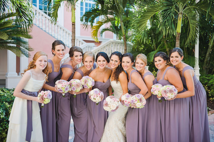 Tampa Bridal Party Wedding Portrait | Purple Bella Bridesmaids Dresses and Ivory Lace Strapless Sottero and Midgley Wedding Dress with Pink, Lilac and Cream Rose Wedding Bouquet | Tampa Wedding Photographer Marc Edwards Photographs