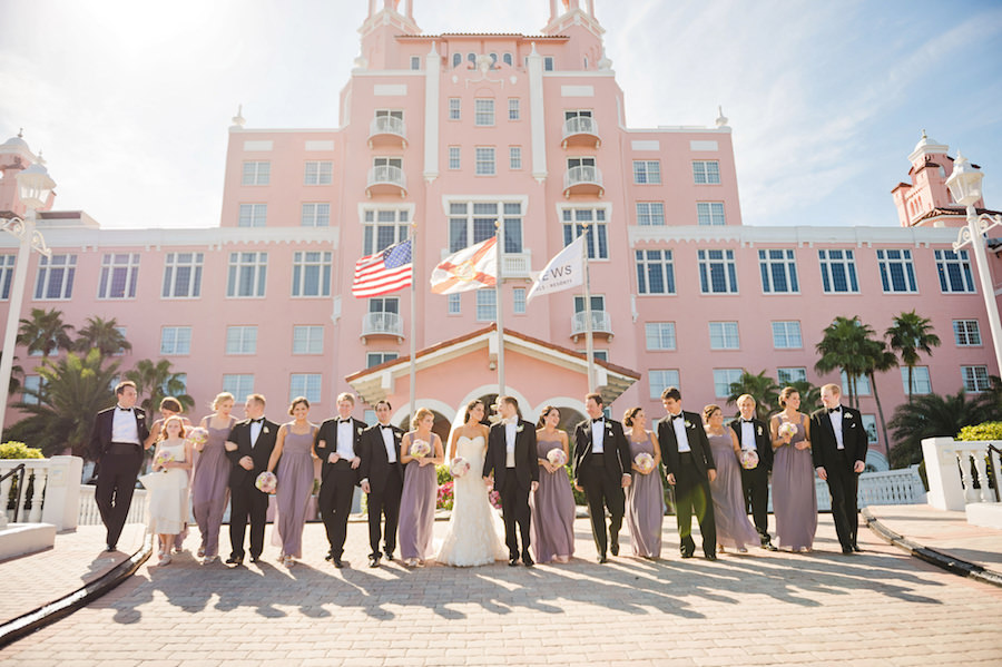 Bridal Party Wedding Portrait with Lilac Bella Bridesmaids Dresses and Ivory, Strapless Lace Sottero and Midgley Wedding Dress at Tampa Wedding Venue Loews Don CeSar Hotel | Tampa Wedding Photographer Marc Edwards Photographs