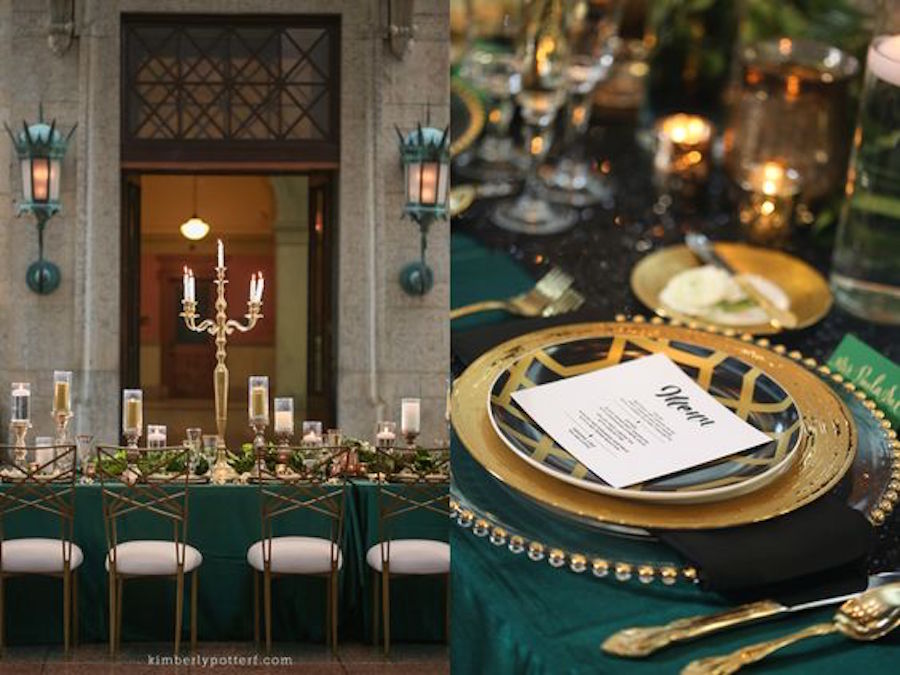 Emerald Green Table Linens at Indoor Wedding Reception with Gold Accent Chargers | Tampa Bay Wedding Rental Linens by Connie Duglin Specialty Linens
