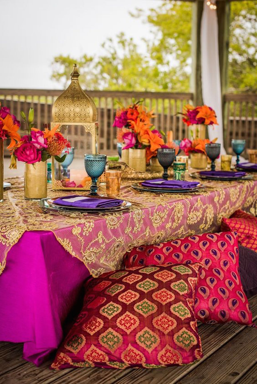 Indian Inspired Wedding Recpetion with Luxurious Gold Embroidered Table Overlays and Fuscia Tablecloths | Tampa Bay Wedding Rental Linens by Connie Duglin Specialty Linens