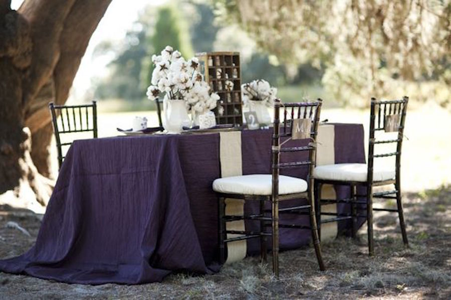 Dark Purple Linens for Outdoor Wedding Reception with Brown Chiavari Chairs and Cotton Centerpiece | Tampa Bay Wedding Rental Linens by Connie Duglin Specialty Linens