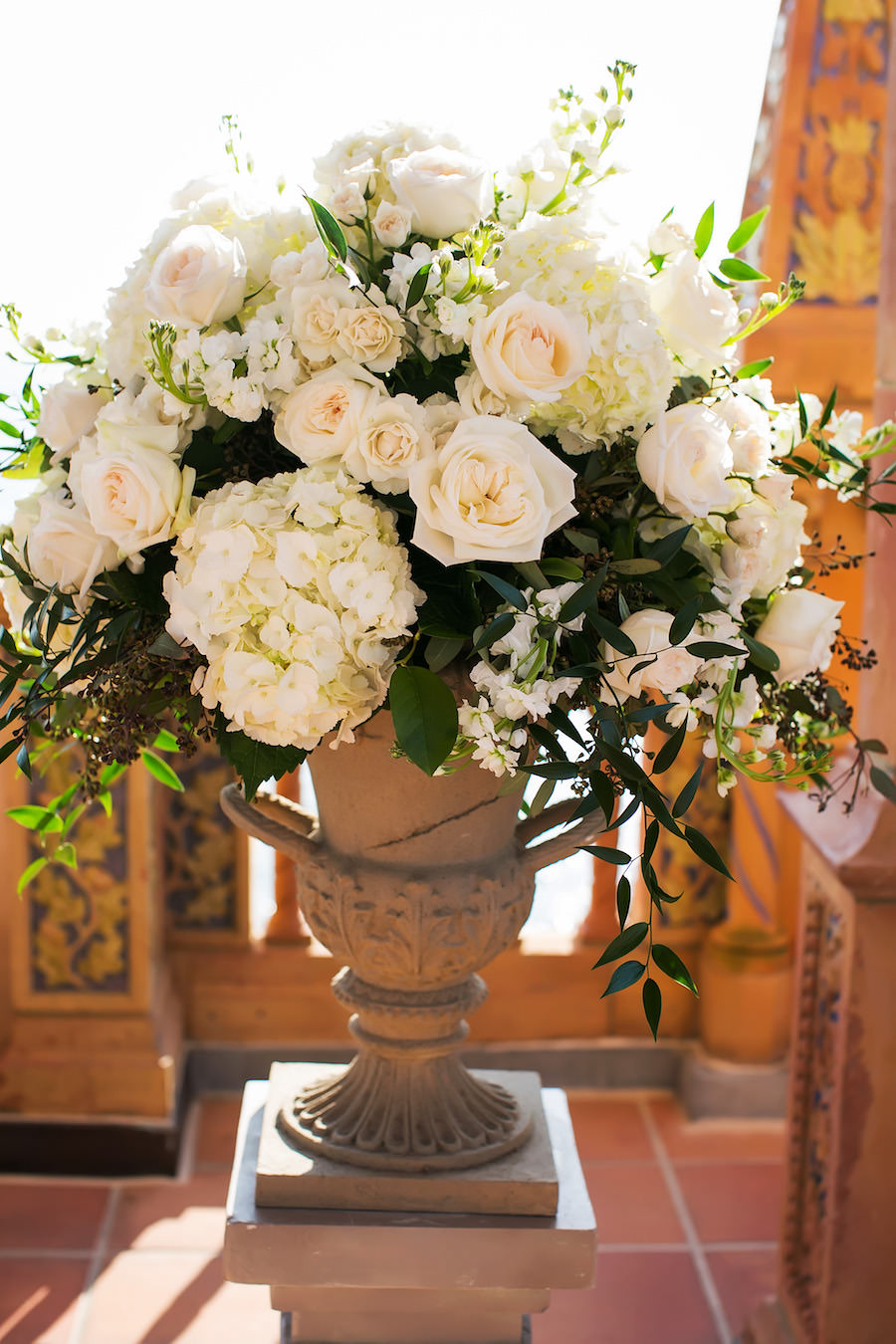 White and Ivory Rose and Hydrangea Outdoor Wedding Ceremony Floral Arrangements Decor