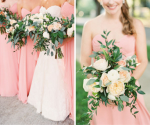 Wedding Bridal Wedding Bouquets with Peach and White Peonies, Roses, and Greenery | Coral Pink Bridesmaids Dresses