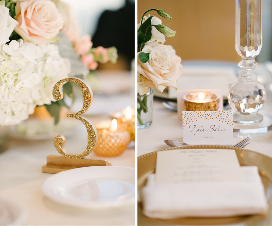 Gold Glitter Wedding Table Numbers with Gold and White Seating Place Cards with Tealights