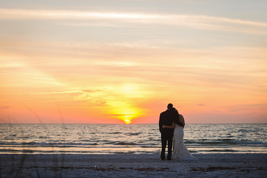 Florida Waterfront Bride and Groom Wedding Portrait at Sunset | Tampa Wedding Photographer Marc Edwards Photographs