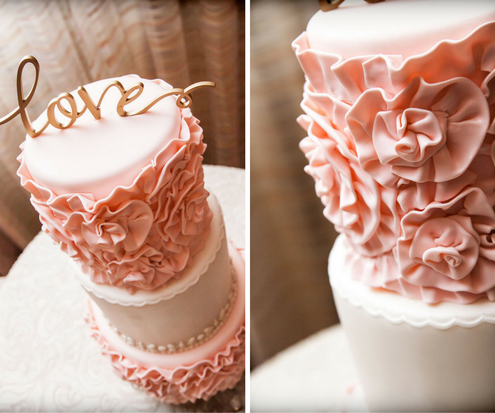 Three Tiered, Pink and Ivory Round Wedding Cake with Rosette Detaling and Gold Love Cake Topper | Tampa Wedding Cake Baker Trudy Melissa Cakes