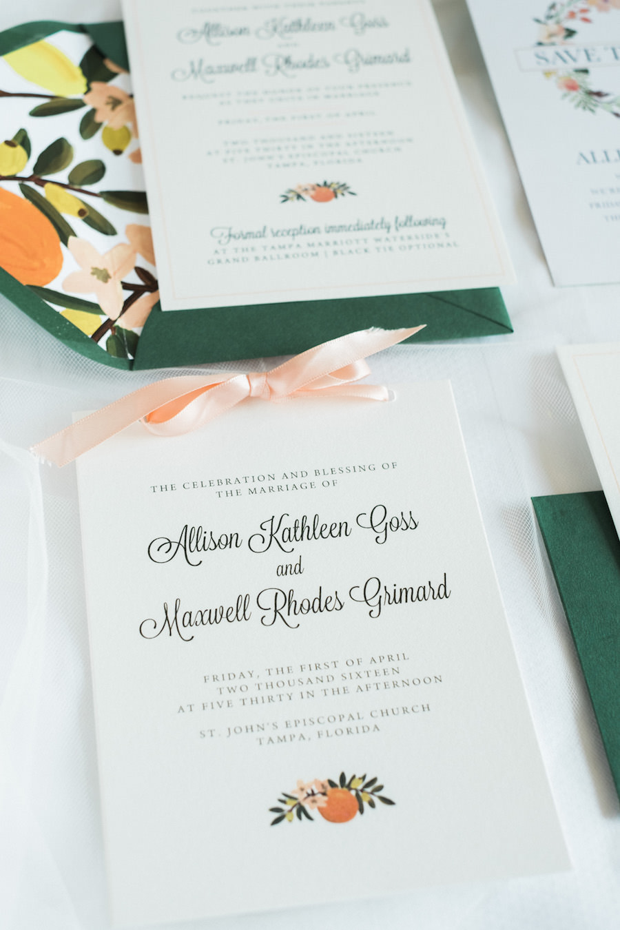Citrus Orange, Florida Inspired, White and Green Wedding Invitation Stationery