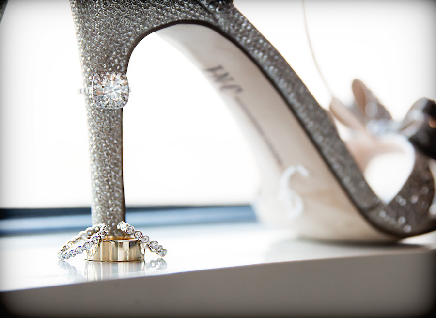Wedding Bands and Engagement Ring on Crystal, Rhinestone Wedding Shoes Bridal Wedding Heels