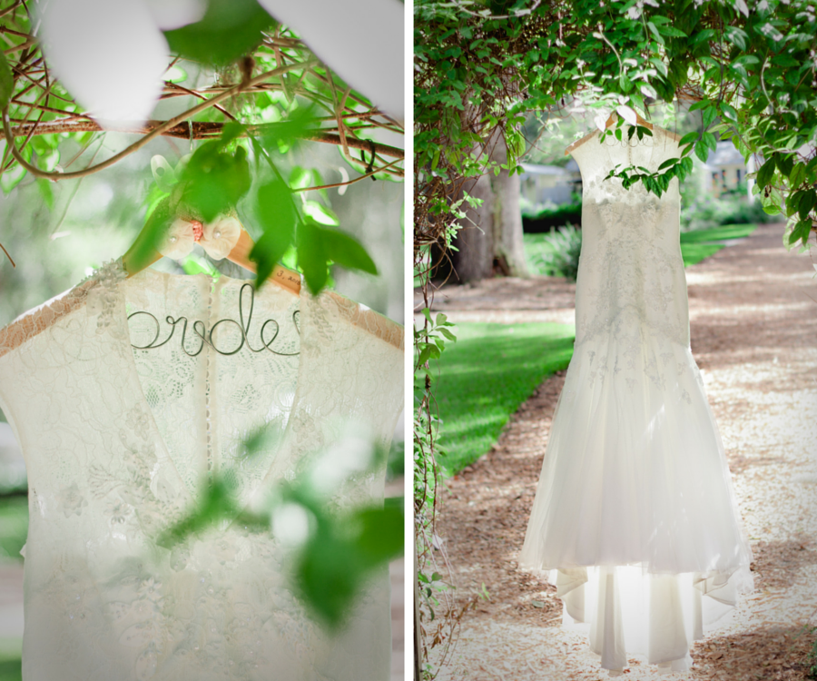 Ivory, Lace David's Bridal Wedding Dress on Customized Bride Wedding Hanger Hanging From Tree