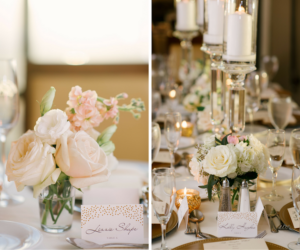 Candlelit Wedding Reception with Hydrangeas and Rose Centerpieces with Gold Charger Plates and Namecards | The Tampa Club