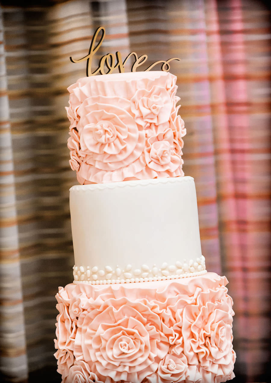 Three Tiered, Pink and Ivory Round Wedding Cake with Rosette Detaling and Gold Love Cake Topper | Tampa Wedding Cake Baker Trudy Melissa Cakes