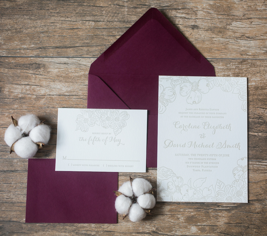 Fall Burgundy and Cotton Letterpress Wedding Invitation Suite | Tampa Wedding Invitations by A&P Design Co | Fall Wedding Invitation Trends 