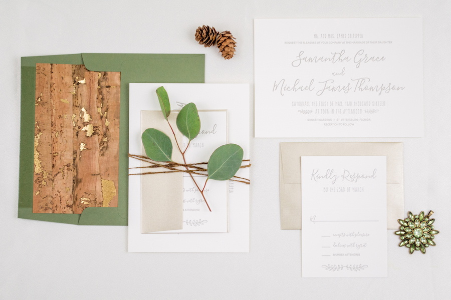 Natural, Organic Letterpress Wedding Invitation Suite with Green Envelopes and Wood Liner | Tampa Wedding Invitations by A&P Design Co | Fall Wedding Invitation Trends