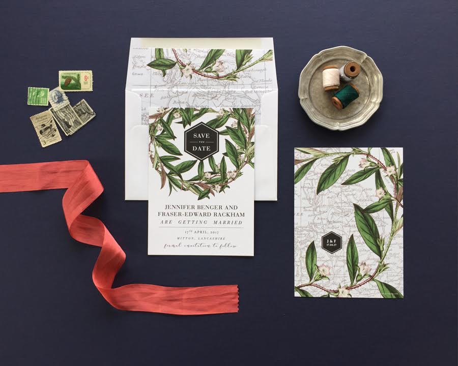 Travel Inspired Save the Date with Organic Leaves and Vintage Map Envelope Liner | Tampa Wedding Invitation Save the Date Cards and Invitation Suites by Citrus Press Co | Fall Wedding and Save the Date Invitation Trends