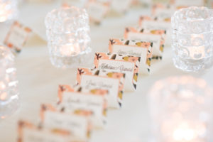 Coral and Green Guest Escort Cards with Pink and Peach Floral Accents