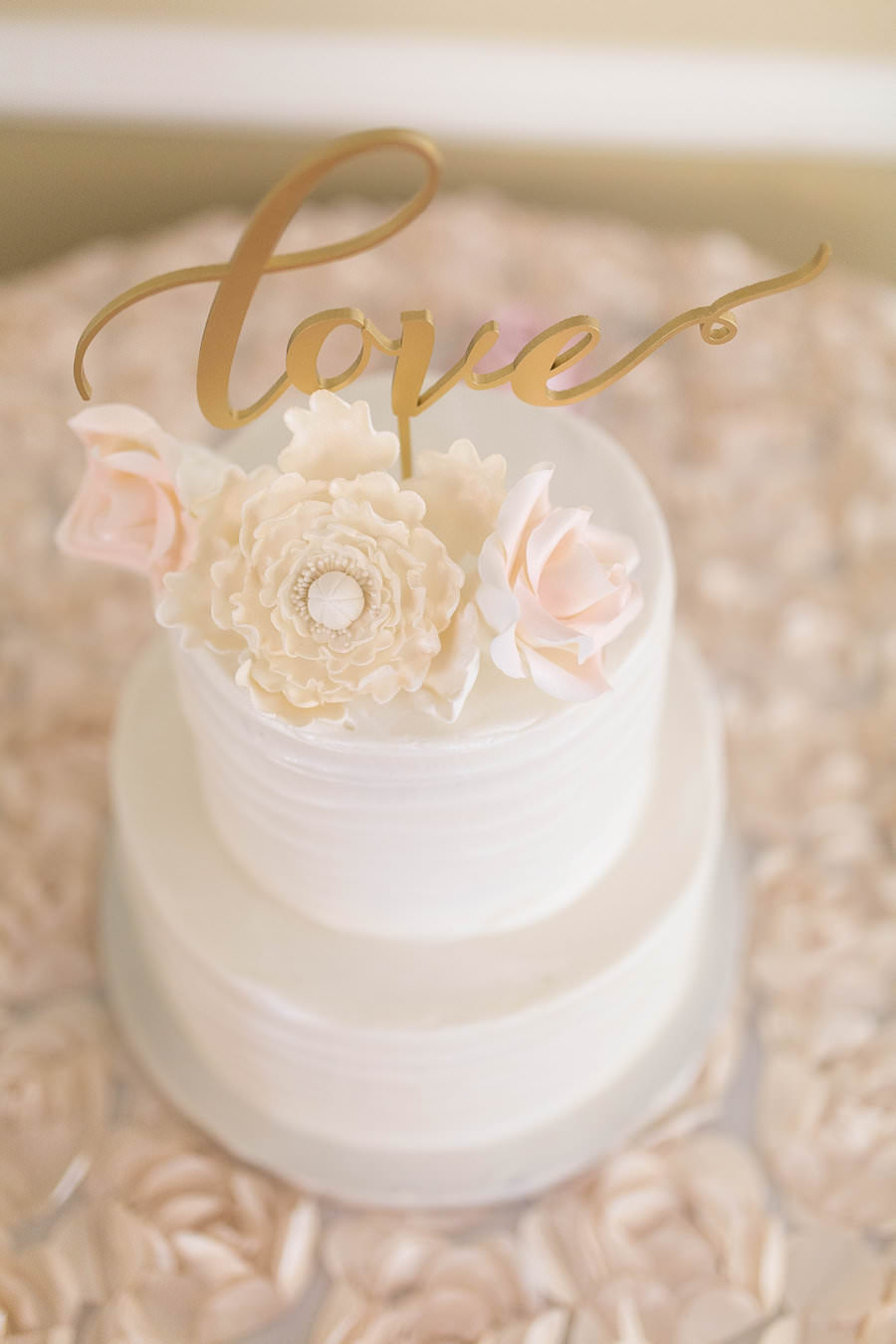Two Tiered, Round, White Wedding Cake with Gold Love Cake Topper | Tampa Bay Wedding Cake Baker Olympia Catering
