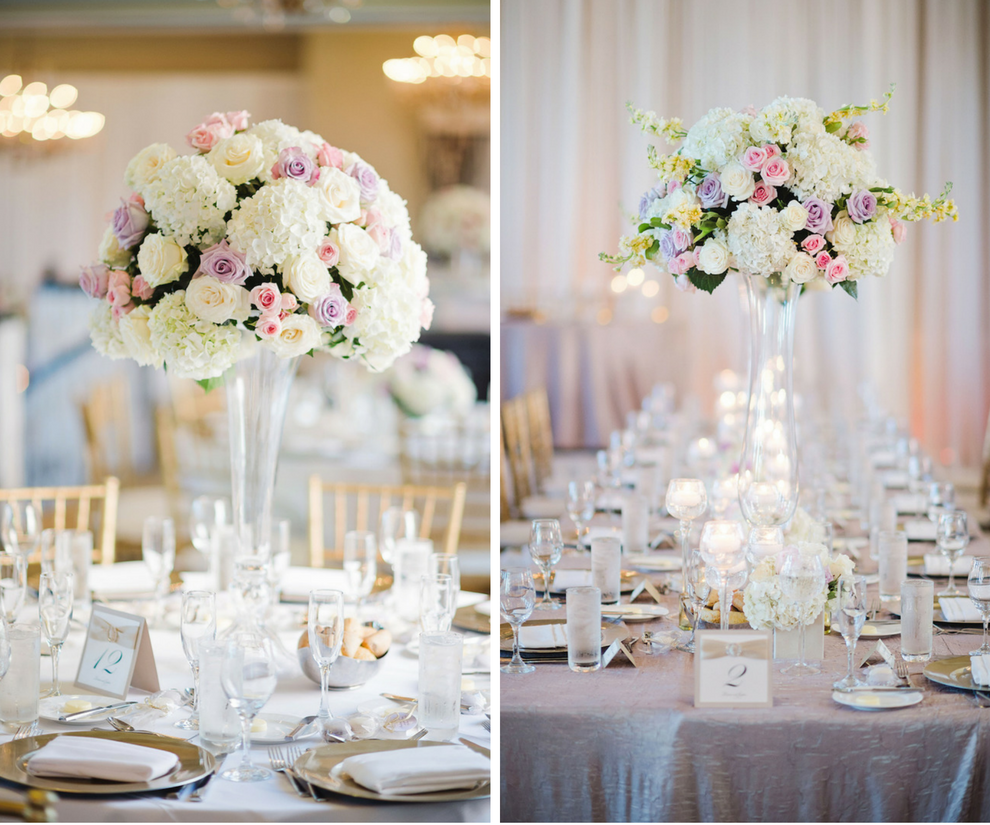 Tall Pink, Cream and Lilac Rose and Hydrangea Centerpieces on Feasting Tables at Tampa Wedding Reception Venue Loews Don Cesar Hotel | Tampa Wedding Photographer Marc Edwards Photographs