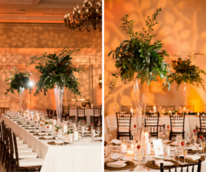 Ballroom Wedding Reception Decor with Tall, Greenery Centerpieces in Glass Vases, Bamboo Chiavari Chairs, and Candlelight | Tampa Wedding Venue Tampa Marriott Waterside