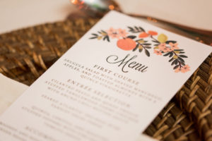Citrus, Florida Inspired Wedding Reception Coral, Floral Inspired Menu Card on Wicker Charger
