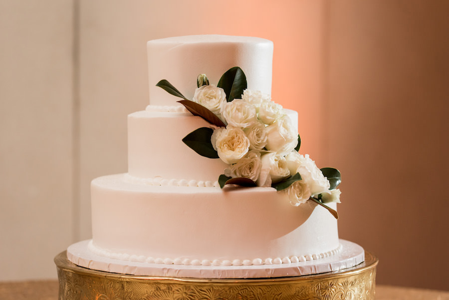 Three Tiered, Elegant White, Round Wedding Cake with Ivory Cascading Flowers