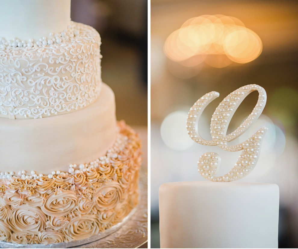 Four Tier Round Champagne and Gold Wedding Cake with Rosebud Pattern and Pearl Initial Cake Topper | Tampa Wedding Photographer Marc Edwards Photographs