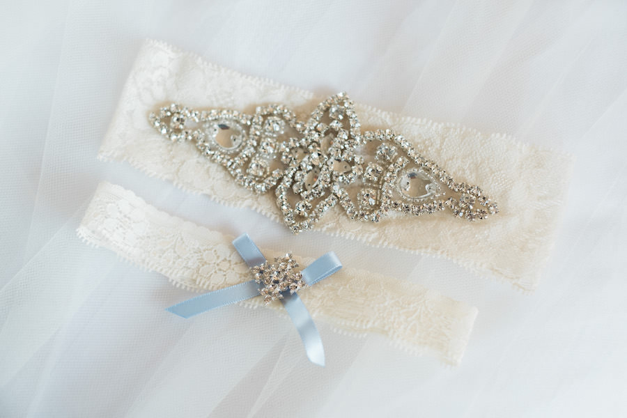 Bridal Lace Wedding Garter with Crystal, Rhinestones and Blue Bow