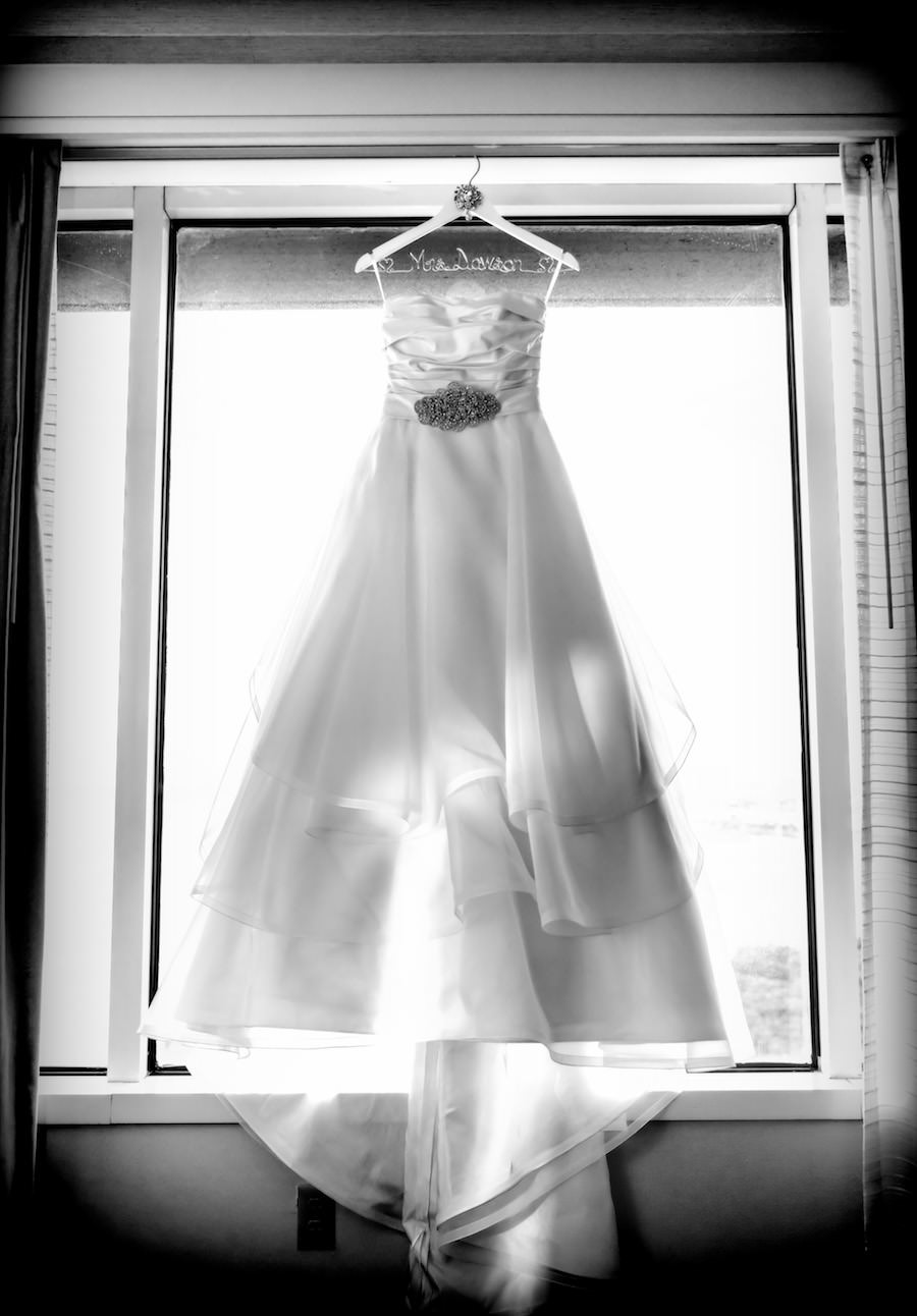 White, Strapless Mikaella Bridal Wedding Dress with Crystal, Rhinestone Sash and Custom Last Name Wedding Hanger
