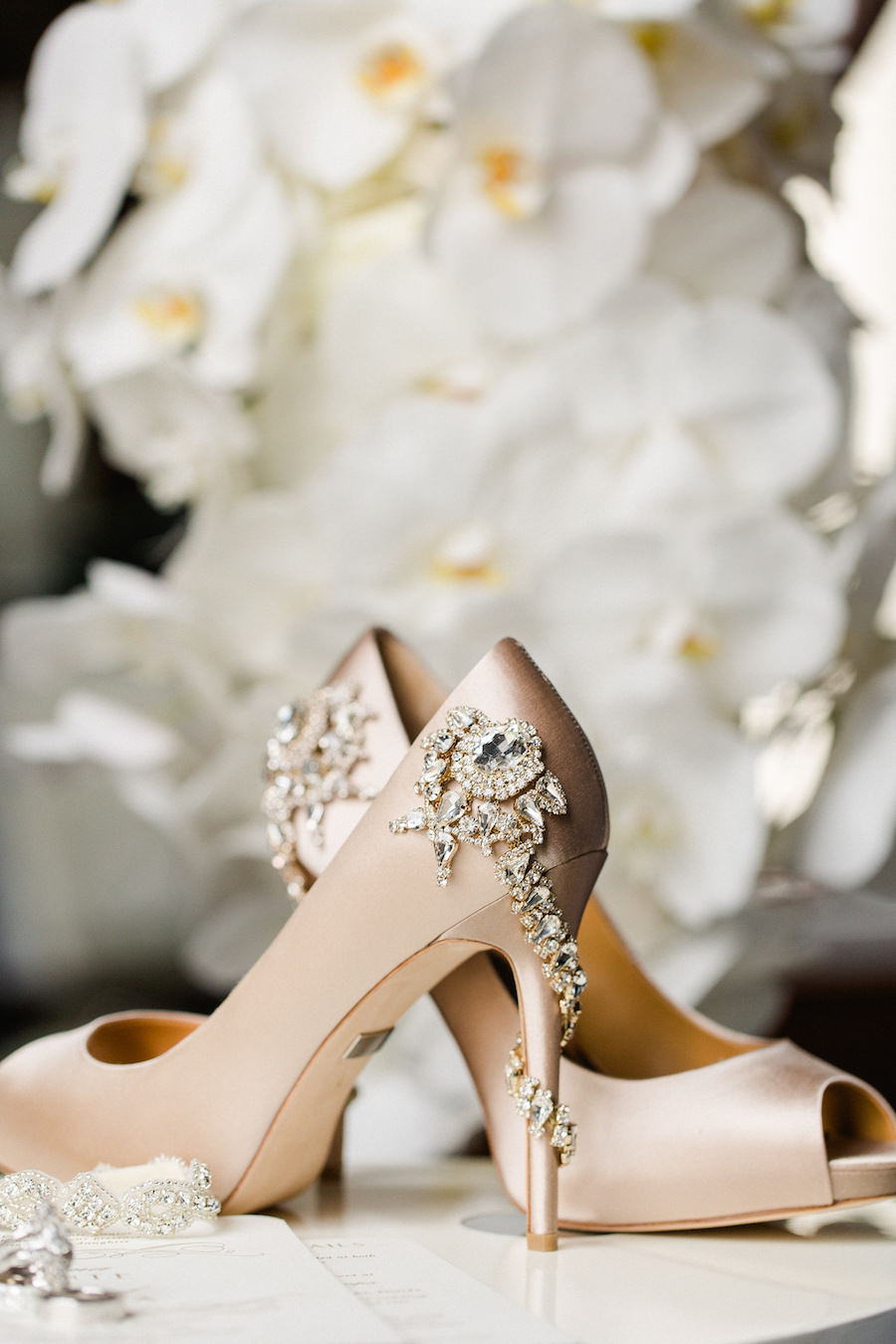Nude, Badgley Mischka Royal Evening Pumps Wedding Shoes with Crystal Heel Embellishments Snaking Around The Heel to the Back | Tampa Wedding Photographer Ailyn La Torre Photography