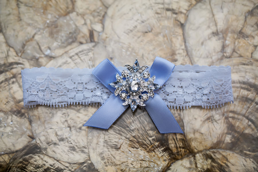 Blue, Lace Wedding Bridal Garter with Crystal, Rhinestone Accent and Bow
