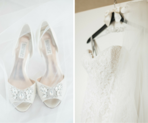 White, Bridal Wedding Shoes and Ivory, Strapless Lace Matthew Christopher Wedding Dress