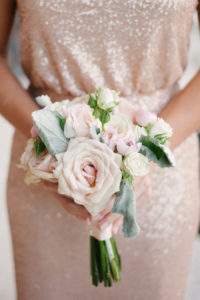 Champagne Gold Sequin Sorella Vita Bridesmaids Dress with Blush Pink and Ivory Rose Wedding Bouquet