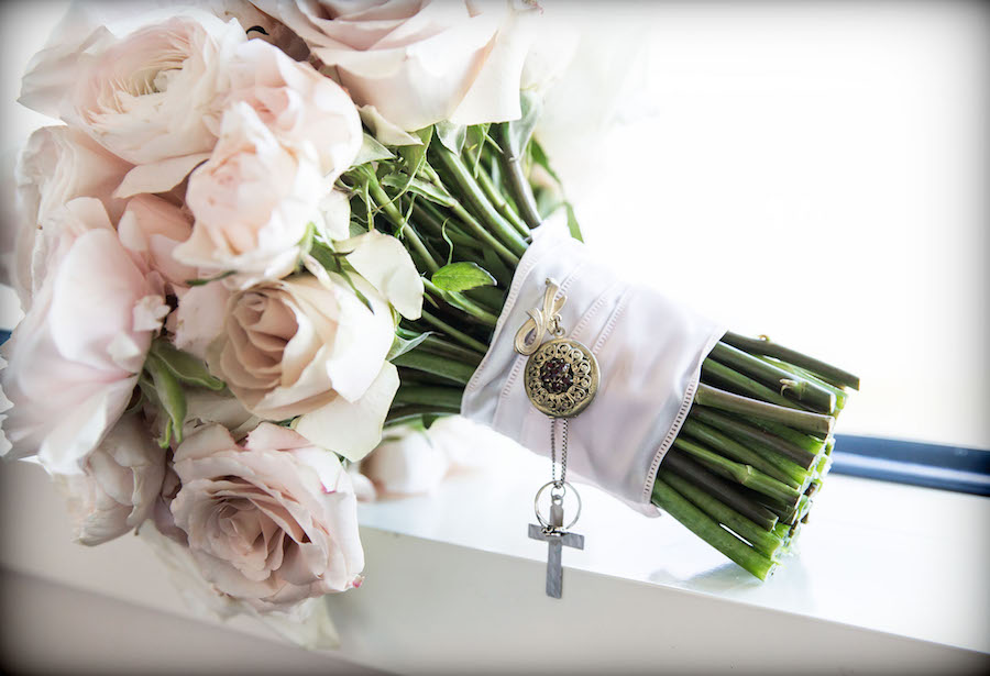 Blush Pink, Floral Wedding Bouquet of Roses with Ring and Cross