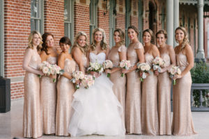 Bridal Party Portrait| Champagne Gold Sequin Sorella Vita Bridesmaids Dress with Blush Pink and Ivory Rose Wedding Bouquet | Ivory Hayley Paige Ballgown with White Wedding Bouquet