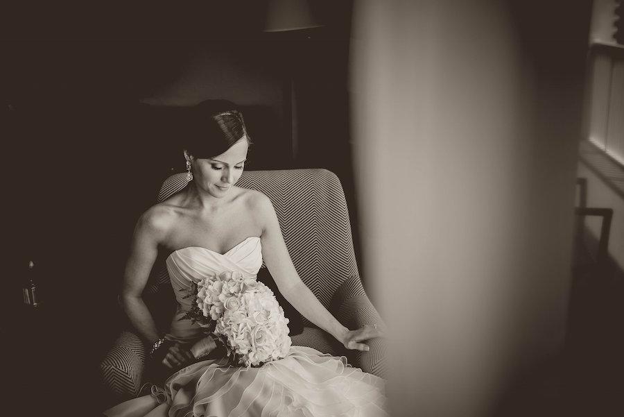 Indoor, Bridal Wedding Portrait in Strapless Wedding Dress Holding Bouquet | Tampa Wedding Photographer Kristen Marie Photography